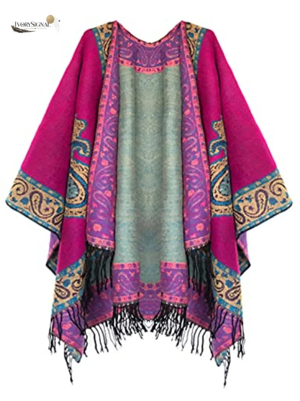 Retro Vintage Pattern Tassel Cape Poncho Shawl Wrap 100% Polyester Loose Fit